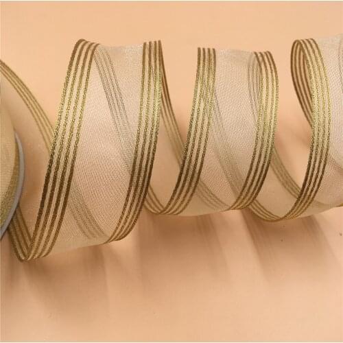 38MM X 25yards wired sheer organza ribbon with metallic stripes edged for gift box wrapping N2189