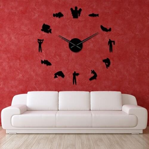 3D Fishing Stickers DIY Fisherman Large Silent Quartz Modern Wall Clock Bass Fishing Silhouette Frameless Big Mute Wall Watch