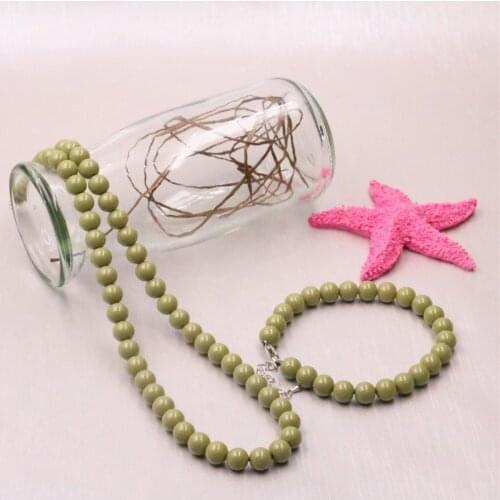 Free Shipping 8mm Army Green Round Artificial Shell Glass Pearl Beads Fashion Jewelry Set Necklace Bracelet Gift 18inch Y545