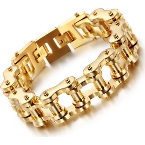 Granny Chic 18/20mm Wide Fashion IP Gold Color Stainless Steel Bike Motorcycle Link Chain Bracelet Charm Bracelet Men Jewelry