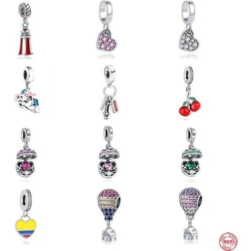 European Pave Ballon White Pink Heart Dangle Bead Fit Original Pandora Charms Silver 925 Bracelet Accessories Diy Jewelry New