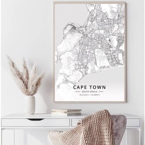 South Africa World map Cape Town Johannesburg Pretoria black and white map poster print unframe poster office decoration