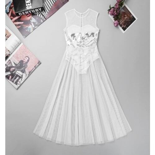 Kids Dance Dress Girls Floral Sequins Tank Leotard Maxi Skirt Ballroom Ballet Dress Dancewear Modern Lyrical Dance Costume
