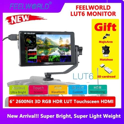 FEELWORLD LUT6 6 Inch Ultra Bright 2600nits HDR 3D LUT Touch Screen Field DSLR Monitor 4K HDMI Full HD 1920x1080 IPS for Camera