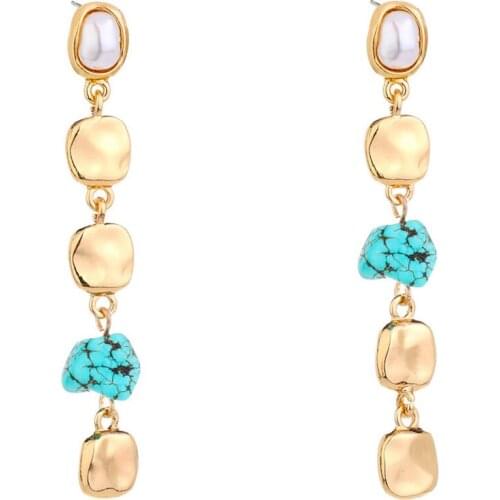 FYSL Light Yellow Gold Color Metal Irregular Shape Green Turquoises Stone Stud Earrings with Pearls Jewelry
