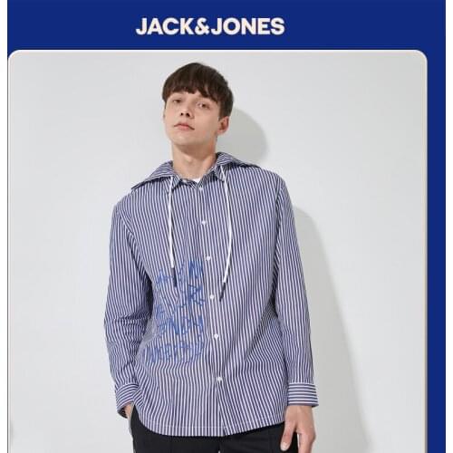 JackJones Mens 100% Cotton Stripe Hooded 3D Letter Embroidery Long-sleeved Shirt | 220305055