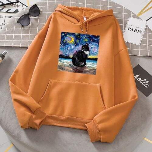 Oil Painting Cat Kawaii Printing Female Sweatshirts Fashion Street Hoody Loose Oversize Hoodies Crewneck Pullover Autumn Hoodie