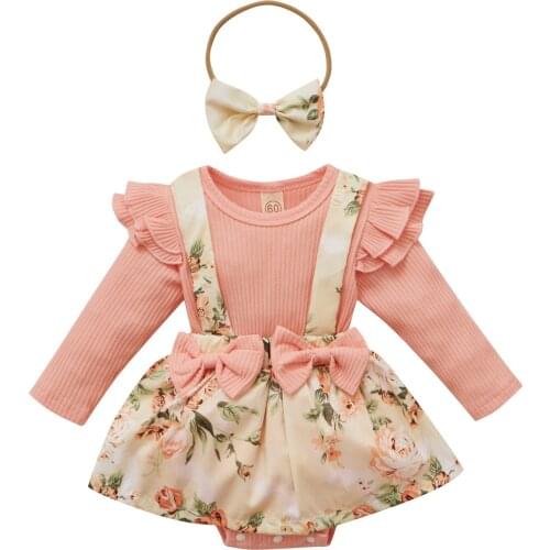 Newborn Baby Girl Clothes Kids Romper Floral Splicing O-Neck Long Sleeves Suspenders Skirt Romper Headband Clothing Sets 0-24M