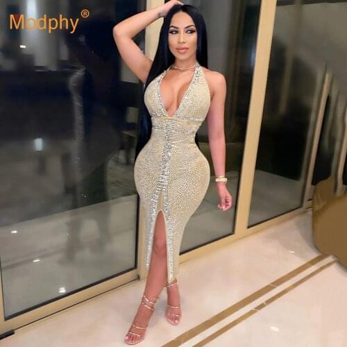 Free Shipping Sexy Backless Halter Mesh Diamonds Crystal Bodycon Midi Dress 2021 New Women Summer Elegant Evening Party Vestidos