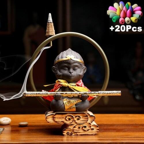Handmade Metal Backflow Incense Burner Purple Clay Monkey King Statues Sandalwood Furnace Creative Desktop Ornaments Home Decor