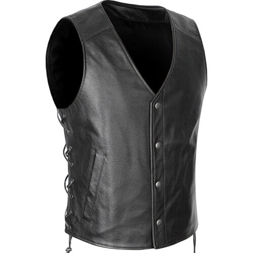 Genuine Leather Motorcycle Vest Mens Cowhide Real Leather Sleeveless Jackets Adjustable Rope Embroidery Skull Biker Waistcoat