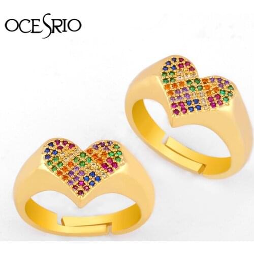 OCESRIO Gold Rainbow Rings Adjustables Heart Cubic Zircon Open Cuffs Rings For Fingers Gold Filled Jewelry anillos mujer rig-j07