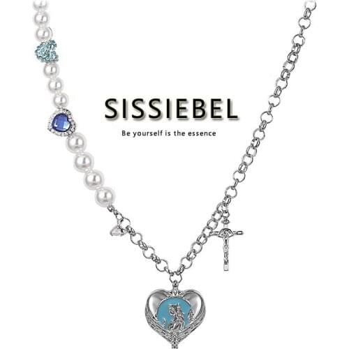Sweet Cool Necklace Female Summer Minority Design Sense Heart-Shaped Virgin Pearl Splicing Gem Cross Clavicle Chain For Girls
