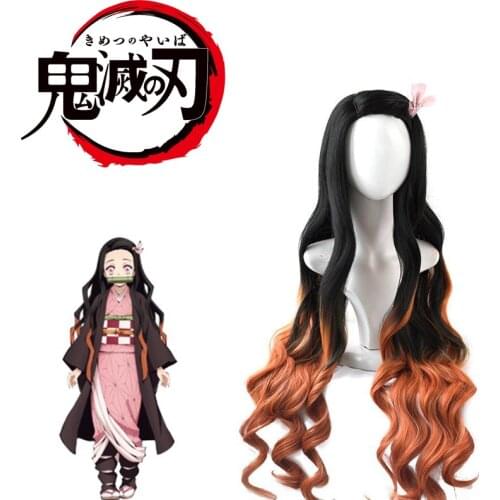 Reneecho Demon Slayer Costume Kamado Nezuko Wig long Wavy wig 100cm / 39inch