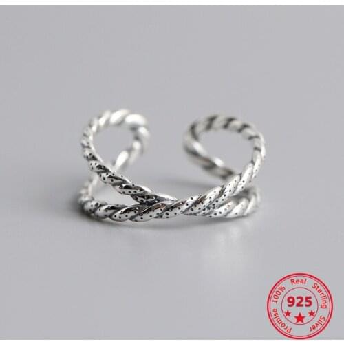 BITWBI Direct Sales 925 Sterling Silver Neutral Ring Twist Rope Line Shape Simple Trend Retro Style Open Adjustable Hand Jewelry