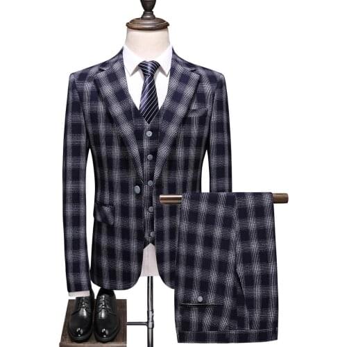 Luxury plaid men suits 3 piece 2020 blue Closure collar slim fit suits casual business annual meeting blazers set costume homme