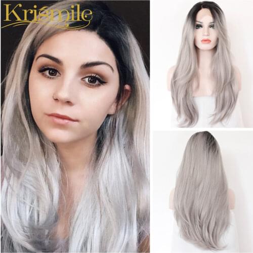 Krismile Black Ombre Grey Long Wave Hand Tied Synthetic Lace Front Wig Heat Resistant Natural Hairline Hair Wigs for Women