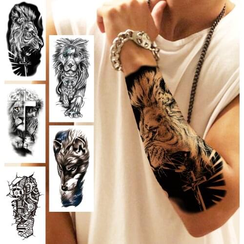 Monster Lion Temporary Tattoo For Men Women Adult Cross Beast Tattoos Sticker Black Forest Wolf High Quality Fake Tattoos Arm