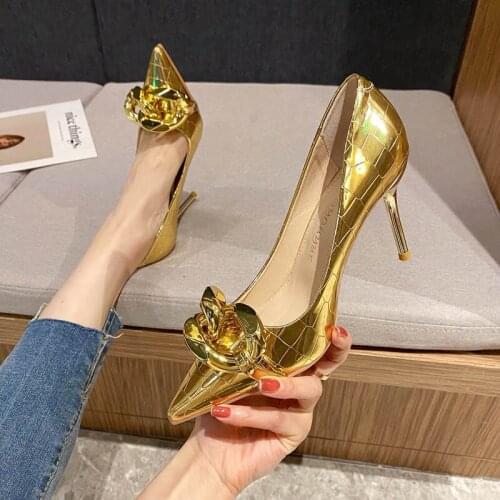 PU Rubber Thin Super Fine Heeled Shoes Chain Buckle Flat Slip on Female Casual Loafers Shallow Mouth Stiletto Pointed Toe Pumps