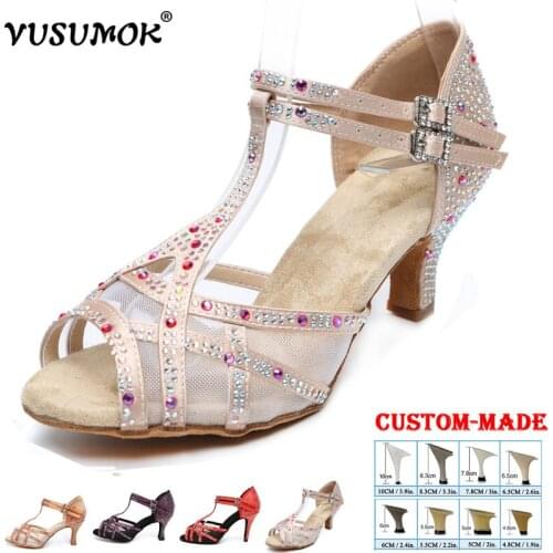 VUSUMOK Women Party Dance Shoes Satin Shining rhinestones Soft Bottom Latin Dance Shoes Woman Salsa Dance Ballet Shoes