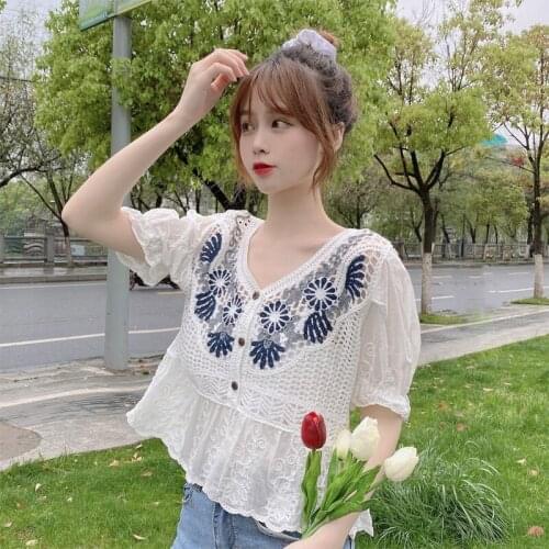 Womens Blouses V-neck Embroidered Shirt Hollow Short Sleeve Shirt 2021 Summer Fashion