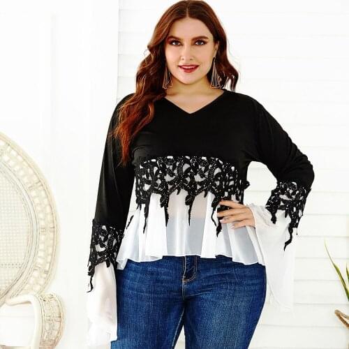 Women T shirt 2020 Vintage Patchwork Chiffon Lace Top Casual Long Flare Sleeve V Neck Shirt Female Plus Size Harajuku Clothes