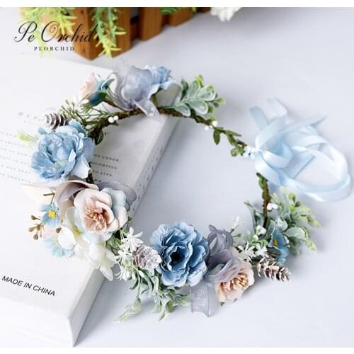PEORCHID Blue Wreath Crown Hairband Floral Wedding Headware Beach Garland Women Hair Accessories Flower Boho Bridal Headdress