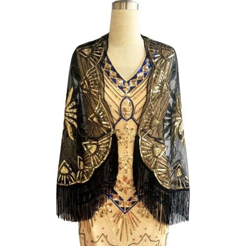 1920s Sequin Beaded Floral Shawl Wraps Fringed Evening Cape Scarf for Wedding Prom Party
