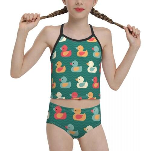 2021 kawaii anime Swimsuit for junior high school Girls Print Cute Duck Anime Biquini Wholesale Brand for Children Girl