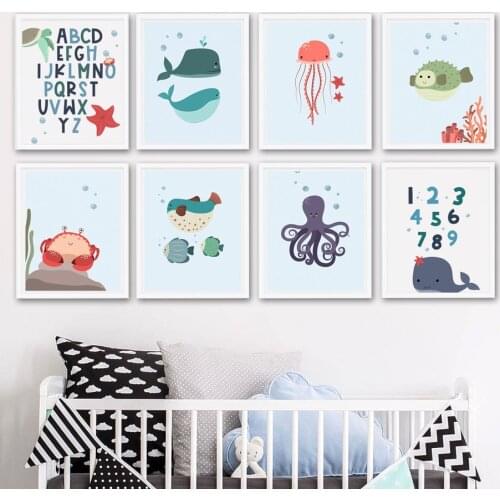 Alphanumeric Octopus Jellyfish Canvas Painting Wall Art Nordic Posters and Prints Wall Pictures for Living Kids Room Decor