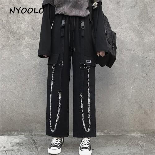 NYOOLO Vintage high street iron chains big pockets high waist pants Casual loose elastic waist hip hop straight pants women men