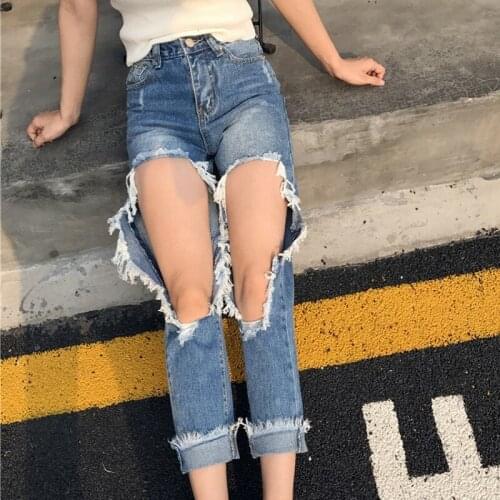 Korean Boyfriends Big Hole Ripped Jeans Woman Loose Beggar Ankle Length Pants Summer Denim Baggy Trousers Harem Jeans Mujer Blue