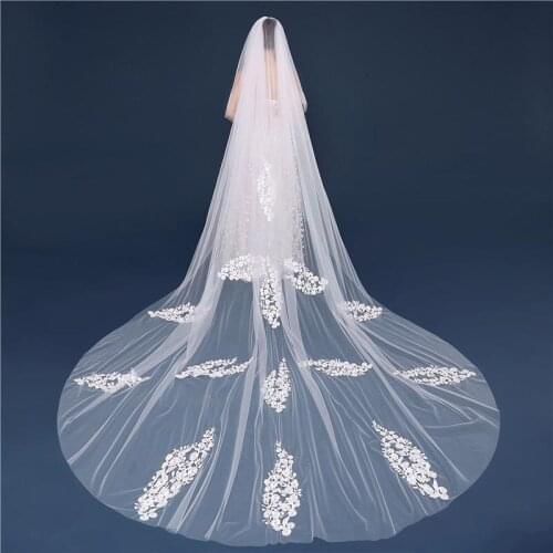 2019 Fashion Bridal Veils Lace Cathedral Wedding Veils With Combs Two-Layer Blush Face Appliques Pleats Bridal Veil