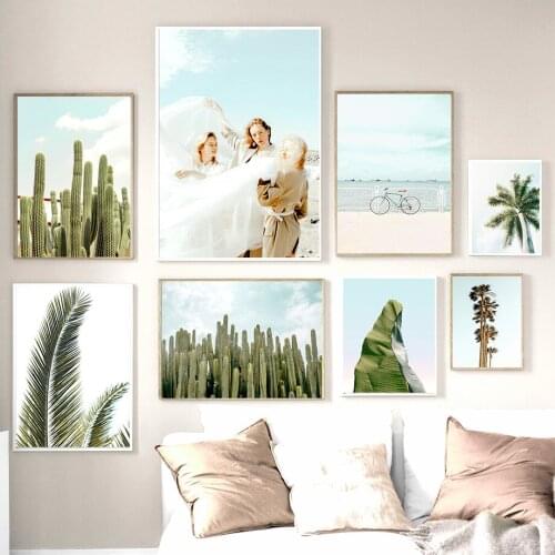 Canvas Painting Abstract Beach Girls Coconut Tree Cactus Wall Art Landscape Posters And Prints Pictures For Kids Room Decoration