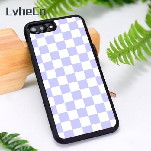 LvheCn Silicone Rubber Phone Case Cover for iPhone 6 6S 7 8 Plus X XS XR 11 12 Mini Pro Max Purple Checkers