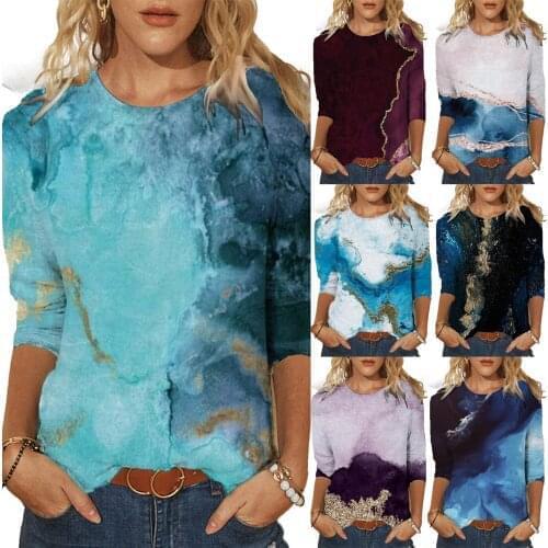 Fashion Womens Spring Printed Mid-length sleeves Crew-Neck Casual Tee Tops