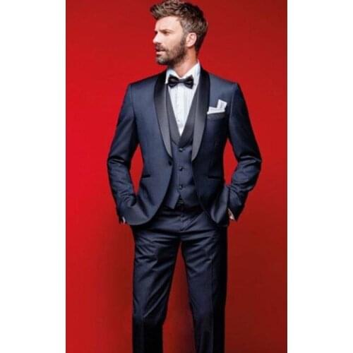 Fashionable One Button Navy Blue Groom Tuxedos Shawl Lapel Groomsmen Men Blazers 3 pieces Suits (Jacket+Pants+Vest+Tie) NO:264