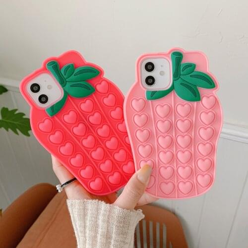 Cute Strawberry Heart Soft Silicone Case for iPhone 12 Pro Max 11 6 7 8 Plus X XR XS MAX Reliver Stress Bubble Cover