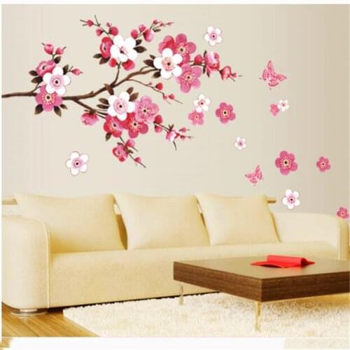 1PCS DIY Peach Blossom Flower Butterfly Wall Stickers Vinyl For living Room Bedroom Decoration Wall Decals Home Decor 60*90CM