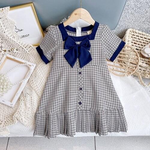 New Summer Little Girls Plaid Short Sleeve Princess Dress Fashion Korean Bow Girls Ruffle Outfits Vestidos Children Clothes