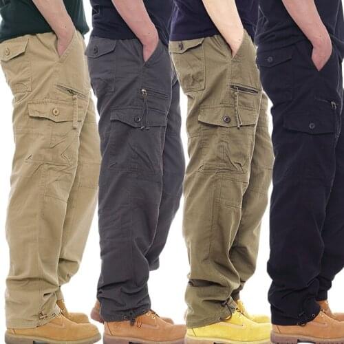 Simple cotton overalls mens casual pants elastic waist plus size pants multi-pocket slacks site pants