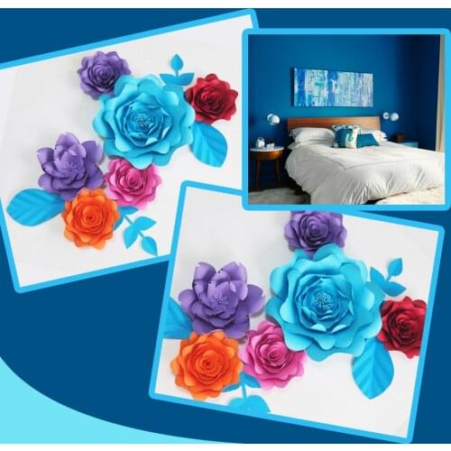 DIY Giant Paper Flowers Fleurs Artificielles Backdrop Artificial Rose 6pcs+4 Leaves Bedroom Wall Deco Color Themed Mix Colors