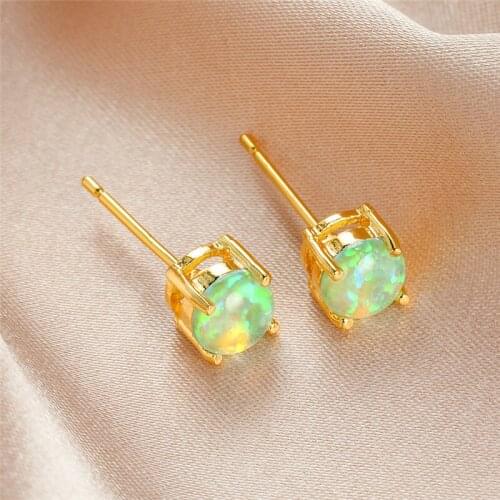 Green/Blue/White Fire Opal Stud Earrings For Women Vintage Fashion Yellow Gold Cute Small Round Stone Earrings Wedding Jewelry