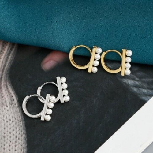 925 Sterling Silver Pearls DD Shaped Hoop Earrings Simple French Circle Gemetric Earrings Handmade Accessories