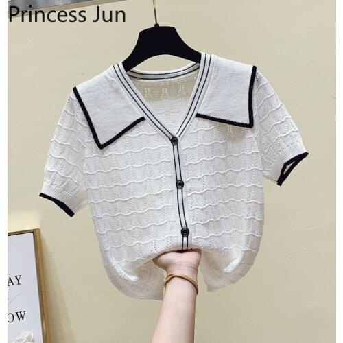 Women Summer Black White Thin T Shirt Hollow Out Short Sleeve Color Contrast Ice Silk Knit Shirt Cardigan Fashion Sunscreen Tops