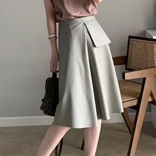 Korean Style Women Genuine Leather Skirt New Fashion 100% Real Sheepskin Midi Knee Length A-line High Waist Street Skirt Female