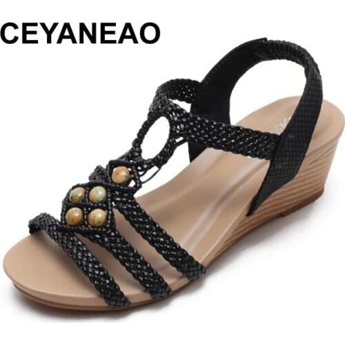 CEYANEAOClassic Womens Sandals Shoes Wedges Summer Shoes For Women Fashion Knitted Gladiator Beach Shoes Ladies Flip-flops New