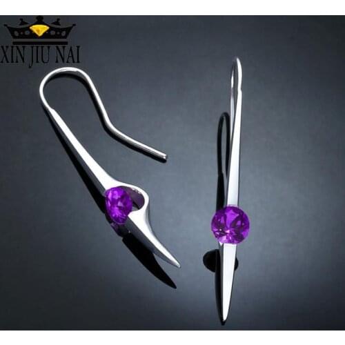 925 sterling silver Single Zirconia Earrings Charm Purple Green Stone Bar green purple zircon Earrings Wedding Jewelry For Women