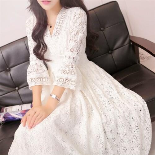 2019 Fashion Spring Women Dress Long Sleeve Lace Dresses Summer V-neck Bohemia Dress White Black Hollow Out Dress Vestidos WZ688