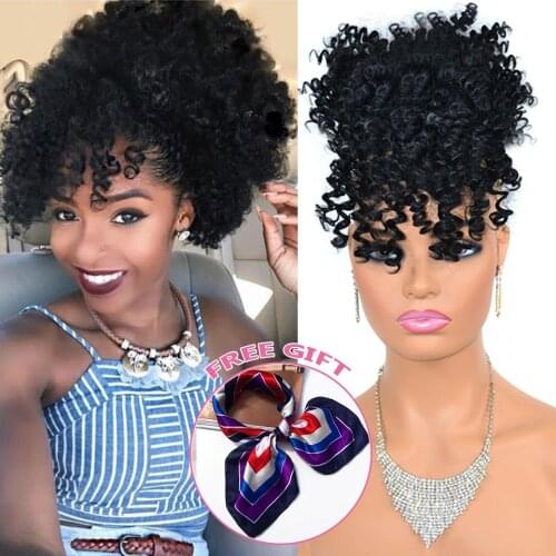 Afro Kinky Curly Synthetic Hair Bun With Bangs Drawstring Ponytail Clip In Hair Extensions #1b #27 #30 #grey #2 #4 #33 Pony Tail